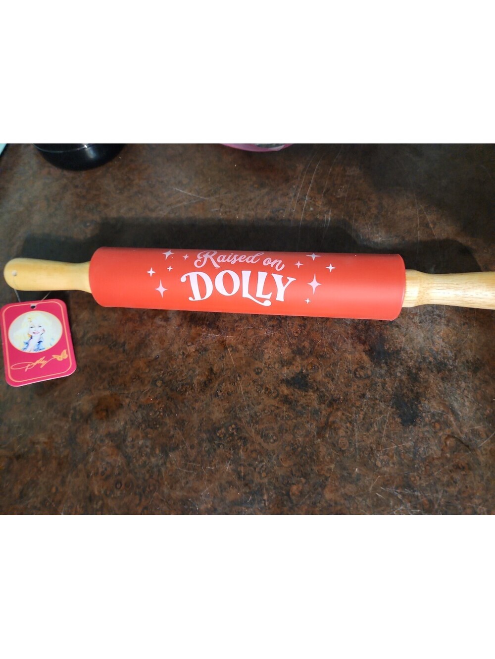 Dolly Parton Christmas Holiday Rolling Pin "Raised On Dolly" Red Silicone 17"